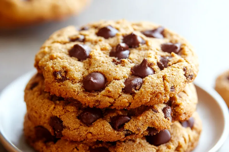 Baking ingredients for almond flour cookies laid out including fine almond flour, dark chocolate chips, eggs, coconut oil, maple syrup, and vanilla extract on a marble countertop