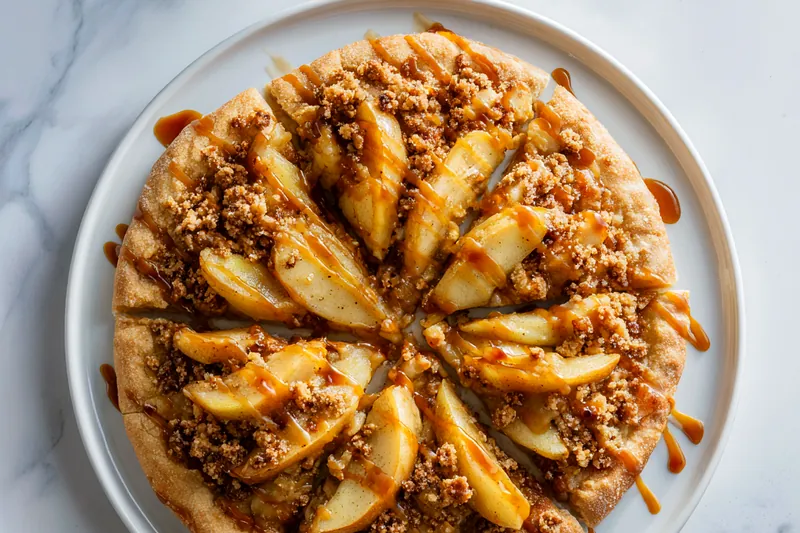 Ingredients for apple crisp pizza including sliced apples, pizza dough, oats, flour, butter, cinnamon, and brown sugar arranged on a marble surface
