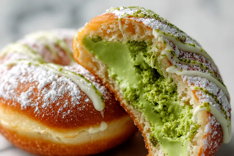 Golden donuts frying in hot oil with bubbles around them, and a piping bag filling a donut with bright green matcha custard