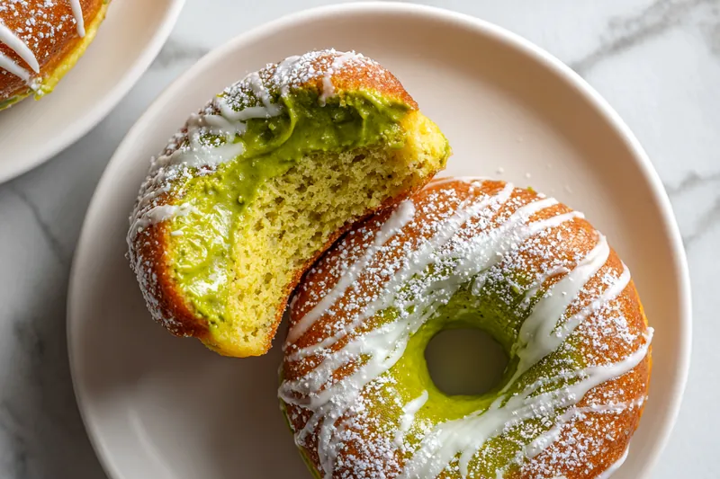 Ingredients for matcha donuts including flour, yeast, eggs, matcha powder, cream, and butter arranged on white marble counter