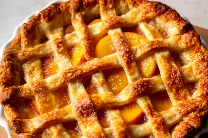 Hands weaving lattice strips over peach filling in a pie dish, showing proper technique for creating the pattern