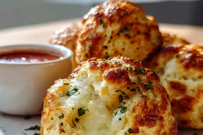 Golden brown mozzarella biscuit bombs being brushed with garlic butter fresh from the oven, showing the perfect golden color and melted cheese centers