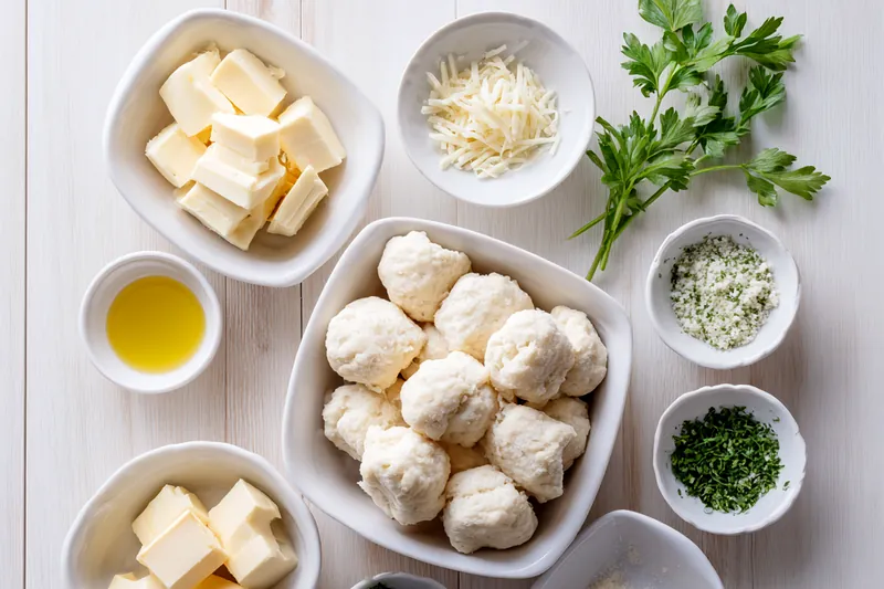 Ingredients for mozzarella biscuit bombs including flour, buttermilk, fresh mozzarella cubes, butter, and fresh herbs arranged on a marble countertop