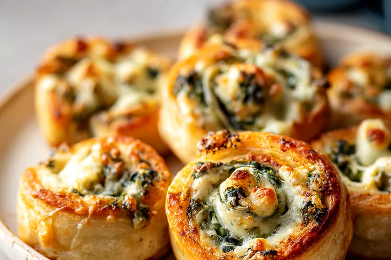 Close-up of golden brown baked spinach cheese pinwheels showing flaky puff pastry layers and spiral filling
