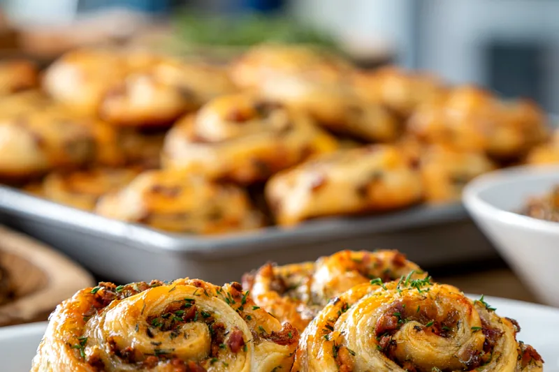 Overhead view of all spinach pinwheel ingredients including puff pastry, cream cheese, fresh spinach, shredded mozzarella, Parmesan, garlic, and spices arranged on marble surface