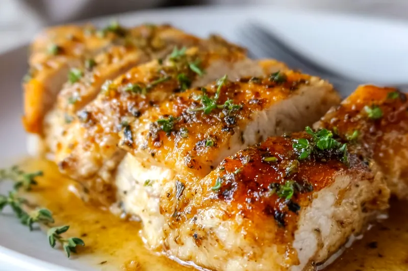 Overhead view of ingredients arranged on a marble countertop: four raw chicken breasts, fresh herb bunches, whole garlic cloves, a small bowl of olive oil, butter pats, and measuring spoons with spices