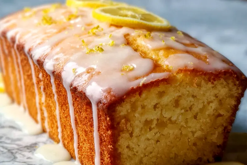 Baking ingredients for golden lemon cake including fresh lemons, flour, sugar, eggs, and butter arranged on a marble countertop with measuring cups