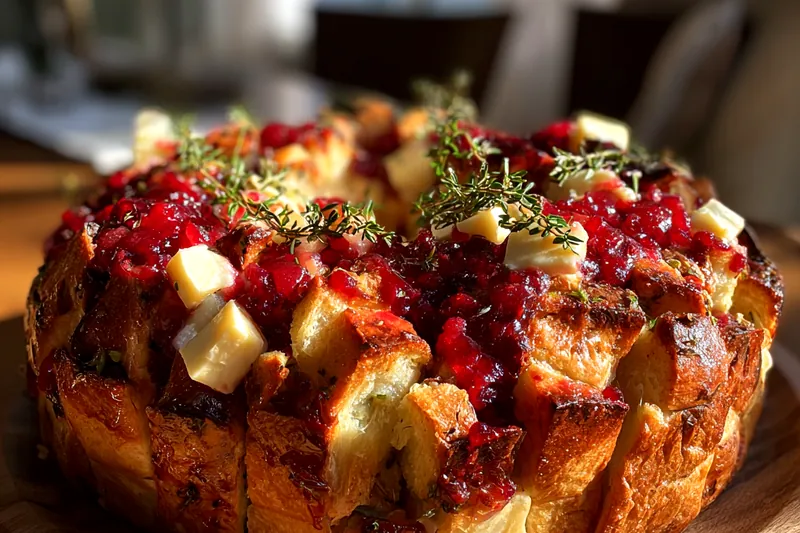 A baking dish filled with assembled Cranberry Brie Pull-Apart Delight, ready to be placed in the oven for baking.