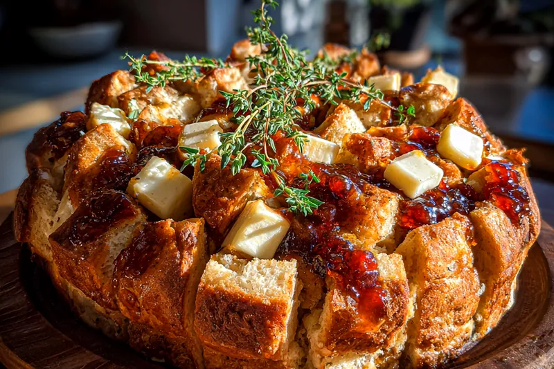 A colorful spread of the fresh ingredients required for Cranberry Brie Pull-Apart Delight, including brie cheese, cranberries, and herbs.
