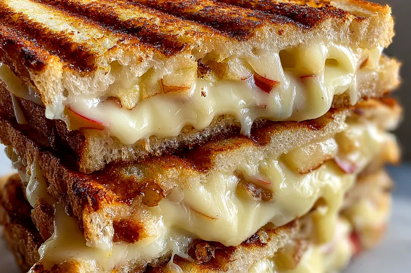 Fresh ingredients for Gourmet Cranberry Apple Melted Cheese Sandwich including apples, cranberries, cheeses, and bread