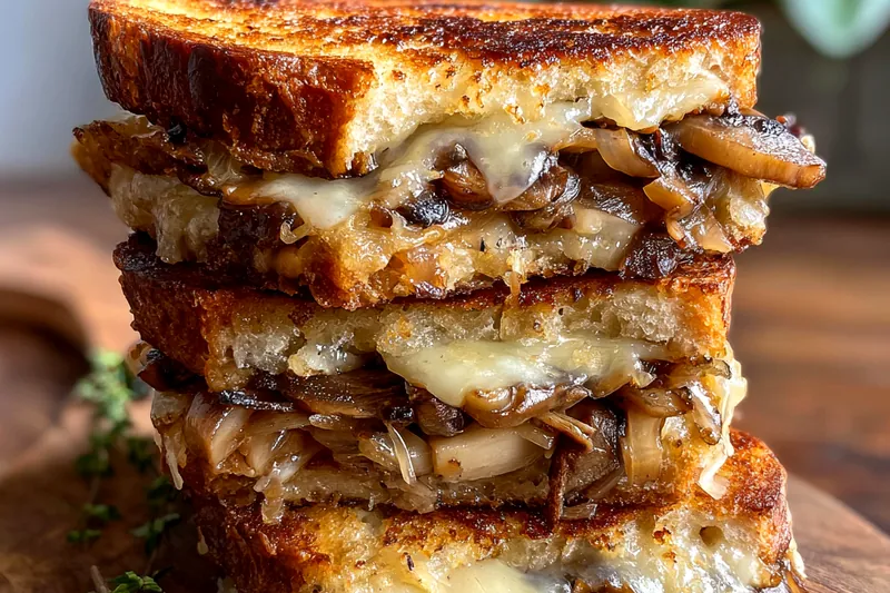 The cooking process for Gourmet Mushroom Melt, showing sautéed mushrooms and cheese mixture being prepared.