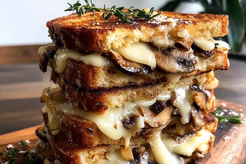 A variety of fresh ingredients including mushrooms, cheese, and sourdough bread for Gourmet Mushroom Melt.