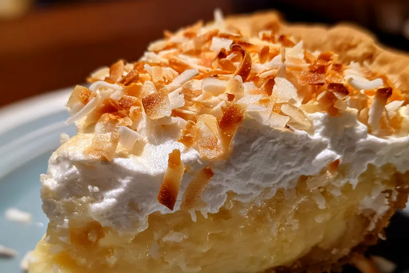 Coconut custard being whisked in a saucepan, showing the thick, creamy consistency and golden color