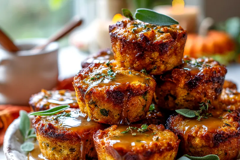 Overhead view of stuffing muffin ingredients arranged on marble counter: bread cubes in wooden bowl, diced vegetables, fresh herbs, butter, and stock