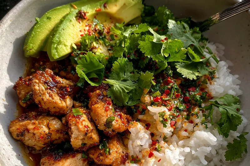 Fresh ingredients for Grilled Avocado Rice Bowl