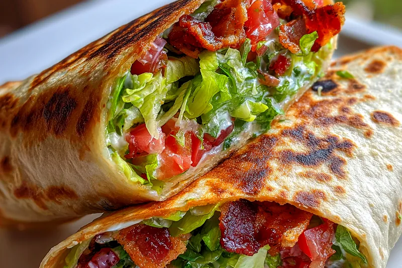 A colorful display of fresh ingredients for Savory Grilled BLT Wraps including bacon, lettuce, tomatoes, and tortillas.