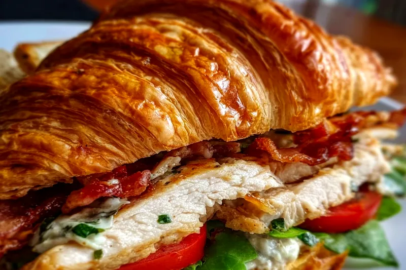 Fresh ingredients for grilled chicken croissant sandwich including golden croissants, raw chicken breast, fresh vegetables, and creamy spread ingredients arranged on marble surface