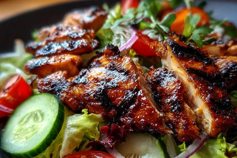 Organized ingredients for Mediterranean grilled chicken salad laid out on a white marble counter, including raw chicken breasts, colorful vegetables, herbs, olive oil, and feta cheese