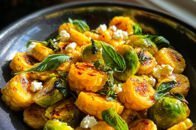 Cooking process for Grilled Corn Brussels Medley