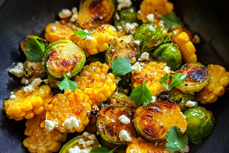 Fresh ingredients for Grilled Corn Brussels Medley