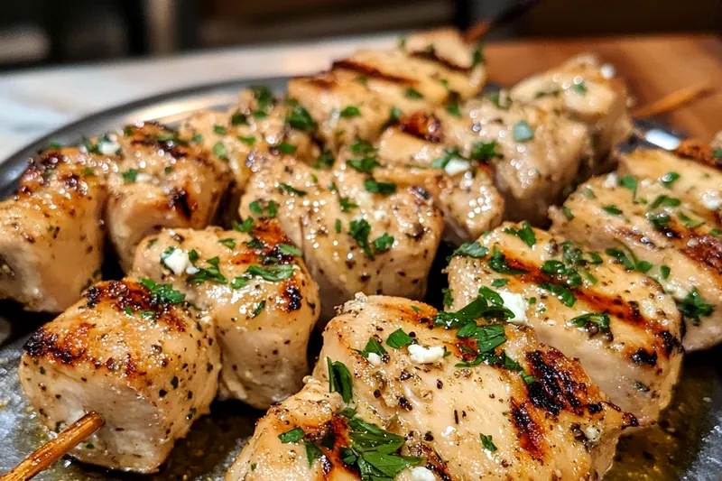 A colorful arrangement of fresh ingredients for Tender Greek Chicken Skewers including chicken, herbs, and spices