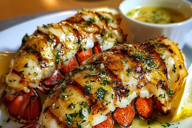 Lobster tails grilling on a hot grill with beautiful char marks, herb butter ready to be applied, showing perfect cooking technique