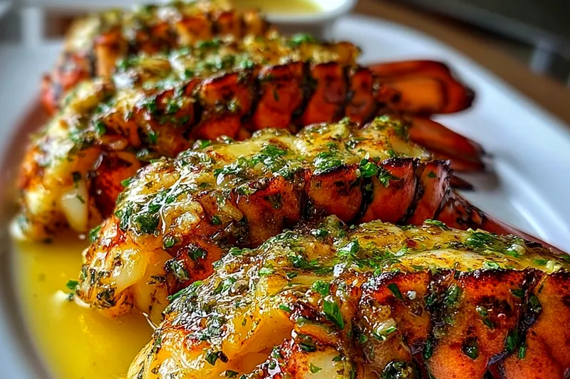 Fresh lobster tails, herbs, butter, garlic, and lemons arranged on a marble cutting board for grilled lobster preparation