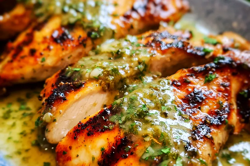 Chicken breasts sizzling on a hot grill with beautiful char marks, topped with melting pepper jack cheese and green salsa verde