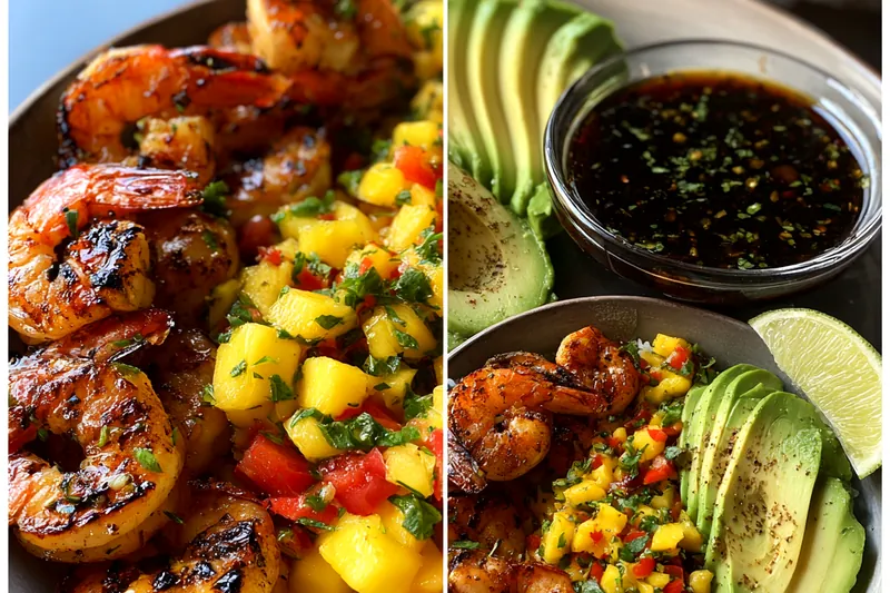 Fresh ingredients for Grilled Shrimp Avocado Bowl