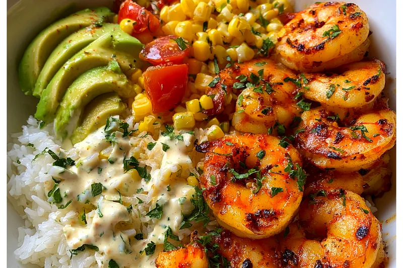 Cooking process showing shrimp on the grill, sizzling and ready to be assembled into the bowl.