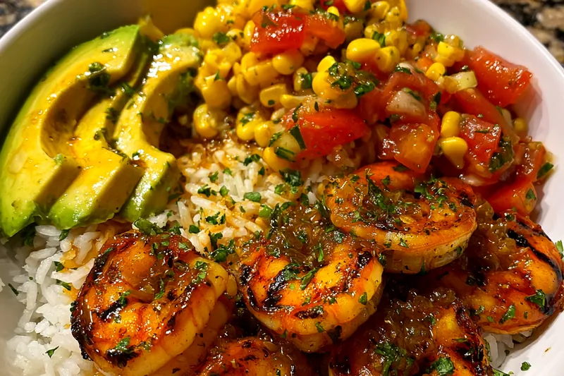 A colorful arrangement of fresh ingredients for Zesty Grilled Shrimp Bowl including shrimp, avocado, beans, and spices.