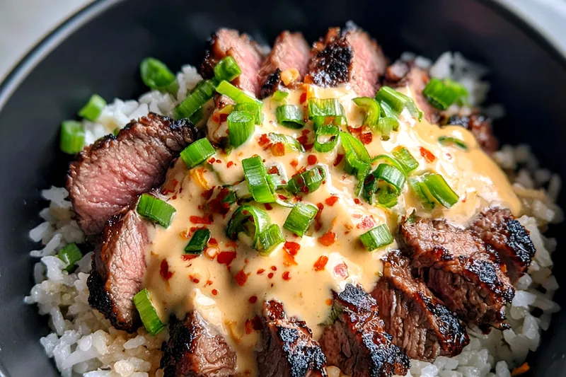 Fresh ingredients for Grilled Steak Rice Bowl