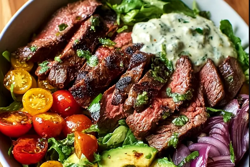 Fresh ingredients for grilled steak salad including raw sirloin steak, colorful mixed greens, cherry tomatoes, cucumber, avocado, and balsamic vinegar on a wooden cutting board
