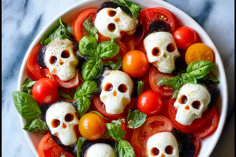 Step-by-step assembly of Halloween Caprese salad showing the layering technique and decorative arrangement on a dark serving platter
