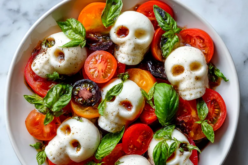 Fresh ingredients for Halloween Caprese including ripe tomatoes, fresh mozzarella, basil leaves, and Halloween accent ingredients arranged on a wooden cutting board