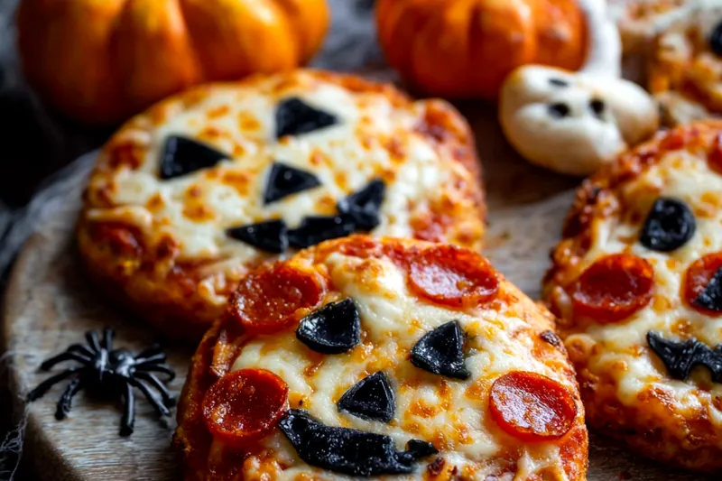 Halloween mini pizzas baking in the oven showing the cheese melting and designs taking shape, with golden edges forming on the crusts