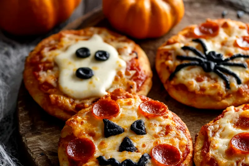 Halloween pizza ingredients arranged in spooky style: mini pizza crusts, colorful peppers, black olives, orange and white cheeses, and pizza sauce on a dark surface