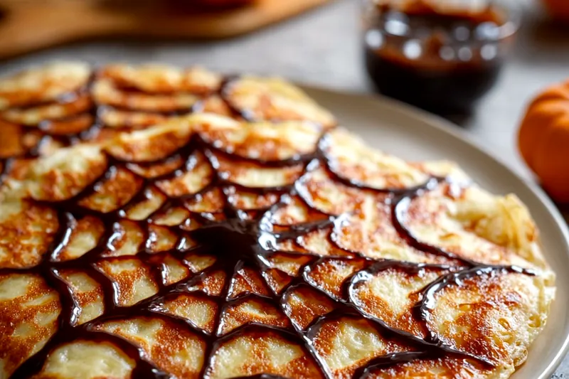 Hands drawing a chocolate spiderweb pattern on a white crepe, showing the spiral design and toothpick technique for creating web lines