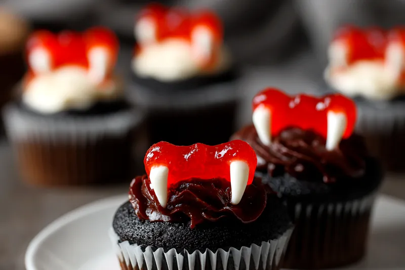 Step-by-step process of filling chocolate cupcakes with red 'blood' filling, showing the coring technique and final vampire bite effect
