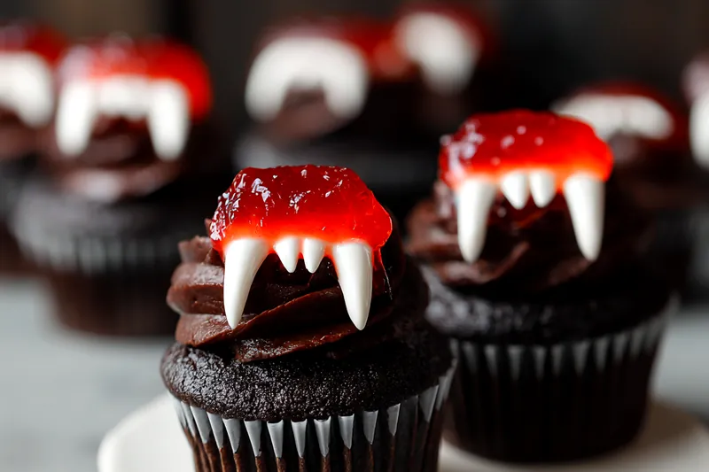 Ingredients for Halloween vampire cupcakes including cocoa powder, flour, sugar, red jam, corn syrup, food coloring, and plastic vampire teeth