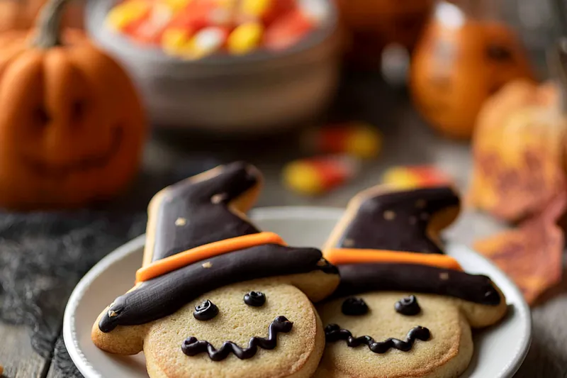 Step-by-step assembly of Halloween witch cookies showing the process of icing green cookies, adding chocolate witch hats, and attaching pretzel broomsticks with black icing details