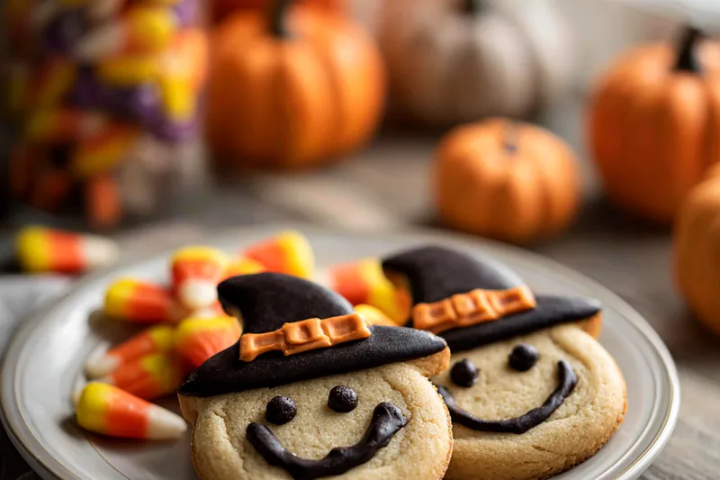 Ingredients for Halloween witch cookies laid out on a marble countertop including flour, butter, sugar, chocolate kisses, pretzels, and food coloring with Halloween-themed measuring spoons