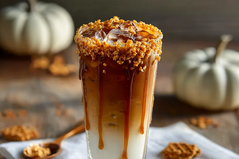 Close-up of glass with stroopwafel cookie rim and caramel drizzle being poured inside, showing the assembly process for Haunted Toffee Crunch Iced Latte