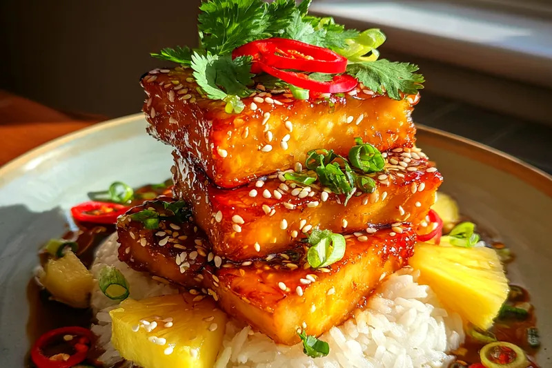 Cooking process for Hawaiian Glazed Chicken Stack