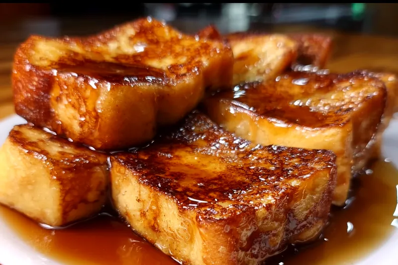 Hawaiian roll French toast cooking in a skillet, showing golden-brown color and caramelized pineapple rings sizzling alongside