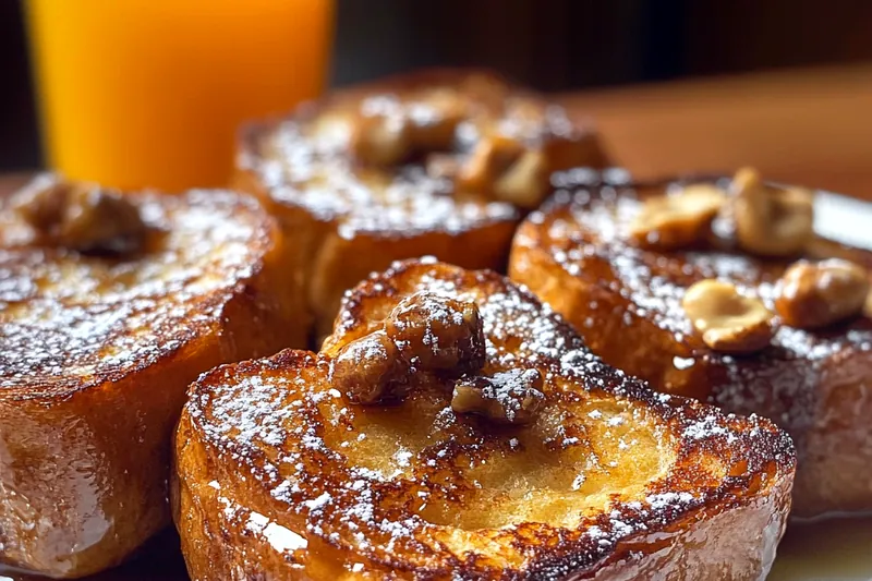 Cooking process for Sweet Hawaiian French Toast, showing the bread browning in a skillet.
