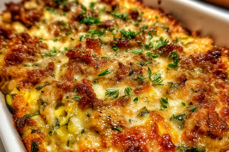 Fresh ingredients laid out for Healthy Turkey Zucchini Bake including zucchini, turkey, cheese, and herbs.