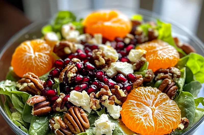 Preparation of Citrusy Winter Salad Delight with vibrant ingredients being assembled.