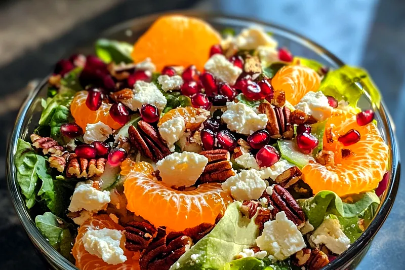 A colorful assortment of fresh ingredients for Citrusy Winter Salad Delight, including greens and citrus.