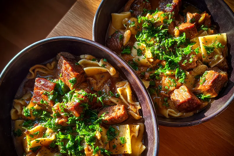 Cooking process for Hearty Beef Stew Pasta
